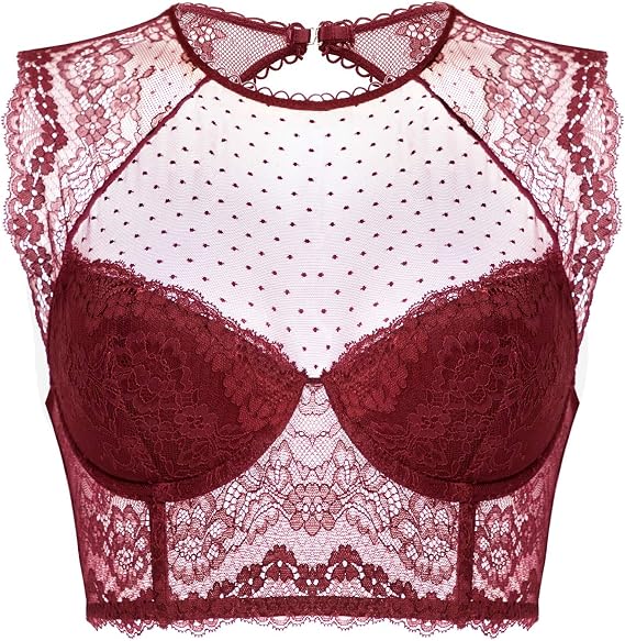 DOBREVA Women's Lace Corset Top Bustier Bra Underwire | Dotted Mesh, Lace Crop Top, Underwire, Plus Size, Underlayer, Date, Cosplay, Support