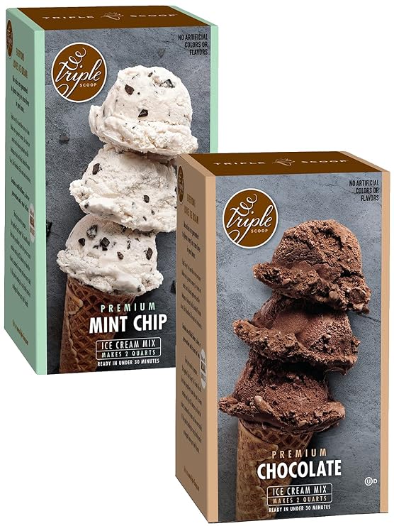 Triple Scoop Ice Cream Mix Sampler | Chocolate & Mint Chip | Ice Cream Starter | Use with Home Ice Cream Maker | No artificial colors or flavors | Ready in under 30 mins (2/15oz Boxes)
