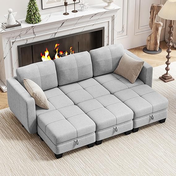 Hello-5ive Sofa Bed with Storage, Modern Fabric 6 Seater Corner Large Sofa Convertible 2 Seater 3 Seater Sofa, L-Shaped U-Shaped Couch with Ottoman for Living Room, Grey
