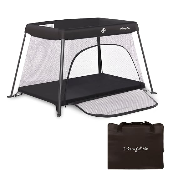 Dream On Me Travel Light Playard, Zipper Access Door, Travel Bag, Black | Lightweight Sturdy Frame, Breathable Mesh Sides, Soft Mattress Pad, Ideal for Indoor & Outdoor Use, Compact & Quick Fold