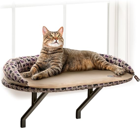 K&H Cat Window Perch, Deluxe Bolster Kitty Sill, 24x14in, Tan/Kitty Print