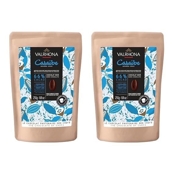 Valrhona Dark French Semisweet Chocolate Discs for Baking (Feves). Premium CARAIBE 66% Cacao Grand Cru Blend. Better than Chocolate Chips, Perfect For Cookies, Cakes, Mousses, Frostings (Pack of 2)