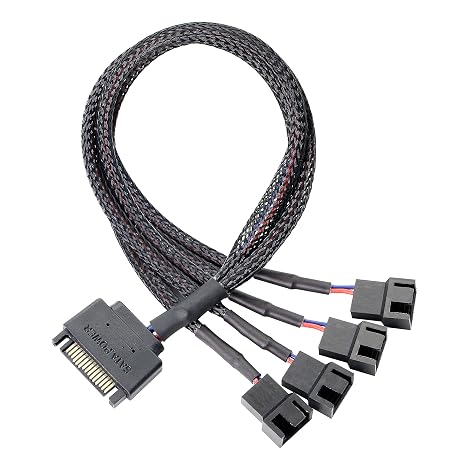 GELRHONR SATA Cooler Fan Adapter Cable,15 Pin SATA to 4 x 3/4 pin Fan Splitter Cable,15 Pin Male to 3 or 4 Pin Computer PC Case Y Power Adapter Cable - 1.1Ft (Black- 1 to 4)