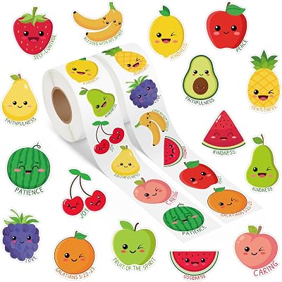 A1diee 1000Pcs Fruit Religious Stickers Rolls Color Apple Watermelon Strawberry Back to School Motivational Training Stickers Bible Christian Decor for Kids Teacher Reward Classroom,16 Styles 2 Rolls