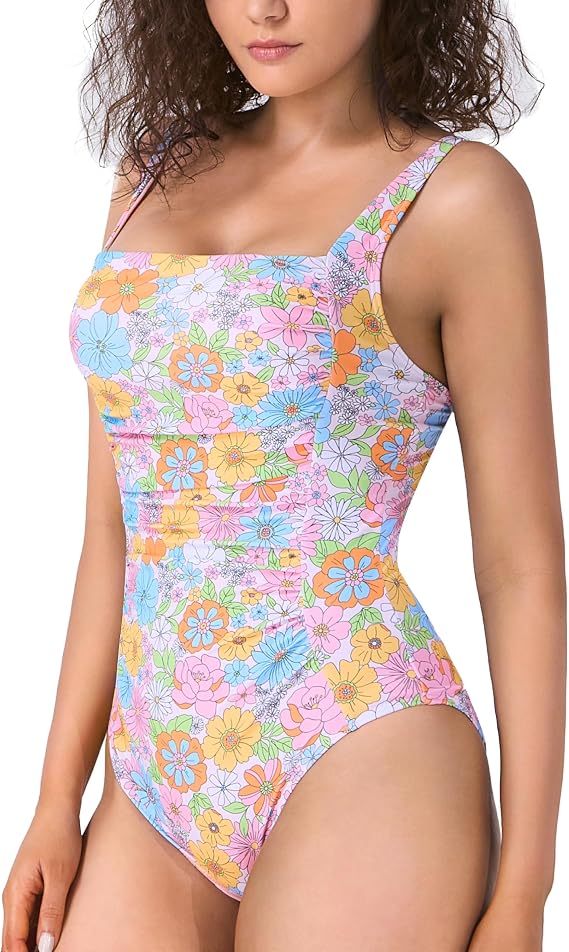 Women's One Piece Swimsuit Tummy Control Square Neck Bathing Suits Adjustable Straps Ruched Swimwear