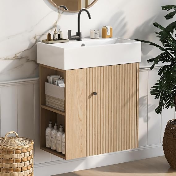 Merax Floating Bathroom Vanity with Sink Combo, 20" Wall Mounted Cabinet with Wood Stripes Decor, Open Shelf, One Piece Sink Basin Bathroom Vanity, Oak