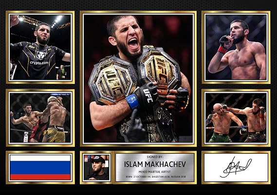 Islam Makhachev Signed Poster Print – UFC Lightweight Champion Tribute Collage Wall Art with Signature & Career Highlights – MMA Memorabilia for Fans and Collectors, A4 Poster Print (297x210mm)