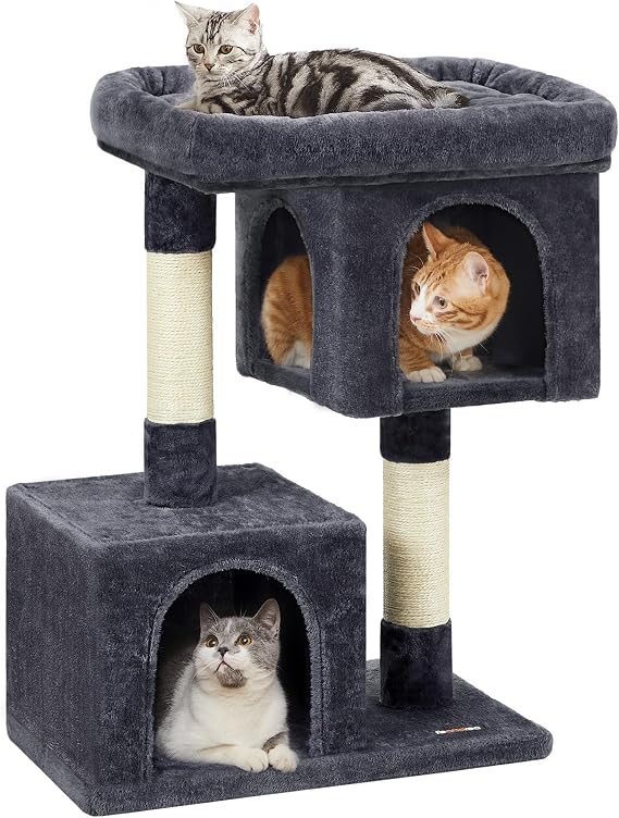 Feandrea Cat Tree Tower, 84 cm, L, for Large Cats up to 7 kg, Large Perch, 2 Caves, Scratching Post, Smoky Grey PCT61GV2