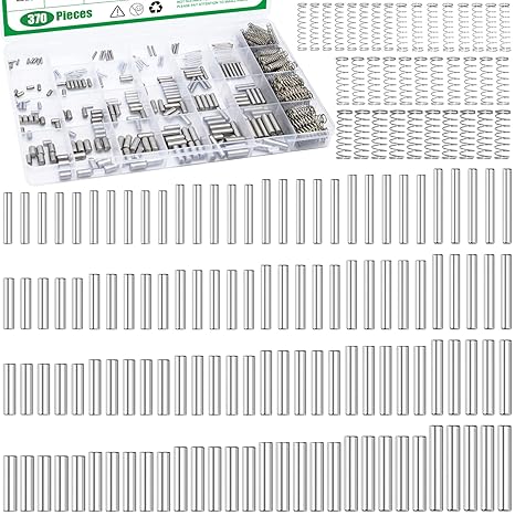 370Pcs 304 Stainless Steel Dowel Pins and Compression Springs Assortment Kit, M2 M3 M4 M5 Shelf Support Peg Pin Rod Fasten Elements