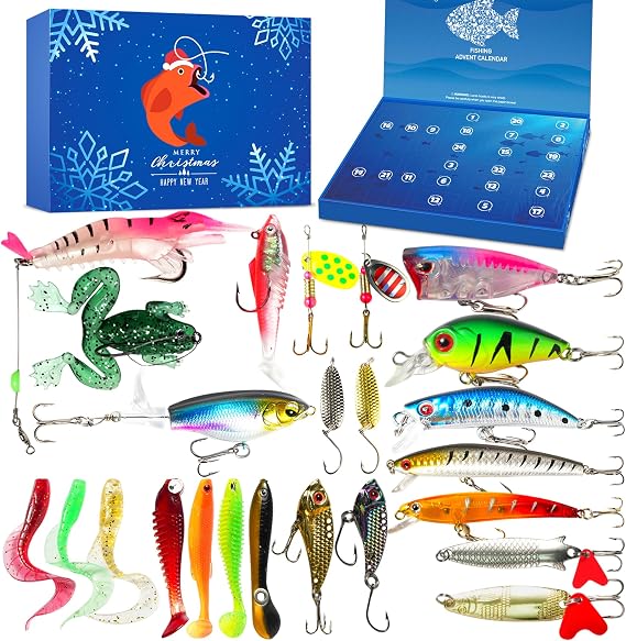 Fishing Advent Calendar 2025 Adult Men Teen Boys, 24 Day Fishing Lure Countdown Calendar with Spoons Minnow Popper Crankbait VIB Xmas Fishing Gift for Father