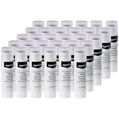 Amazon Basics Purple Washable School Glue Sticks for Classroom Supplies and Crafting, Dries Clear, 0.24-oz Stick, 30-Pack