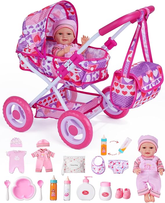 BABESIDE Baby Doll Stroller Set with 12 Inch Doll, 14 Pcs Doll Accessories | Folding Doll Pram with Feeding, Bath and Care Accessories for Pretend Play, Gift for Ages 3+