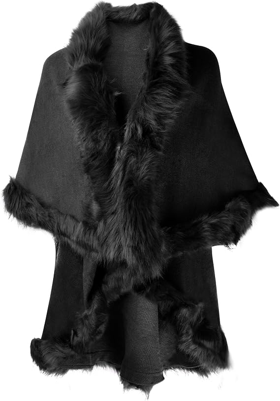 ZLYC Women Fine Knit Open Front Faux Fur Trim Layers Poncho Cape Cardigan