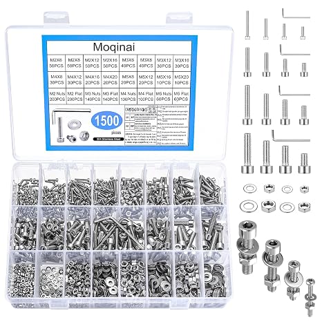 1500 Pcs M2 M3 M4 M5 Stainless Steel 304 Socket Head Cap Screw Set, Metric Allen Bolts with Nuts & Washers, A2 Rust Resistant Machine Screw Assortment Kit (M2-M5)
