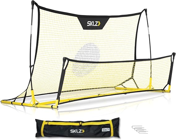 SKLZ Quickster Soccer Trainer - Dual-Sided Rebounder for Solo Passing, Receiving, Trapping Practice - Large & Small Rebound Net - Weather Resistant - Adjustable Frame, Metal Stakes & Carry Bag