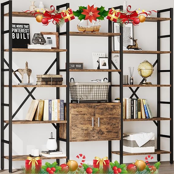 Industrial Bookshelf, 70"x 70" Large 5-Tier Triple Bookcase with Storage Cabinet, 14-Shelf Display Unit, Metal Frame Etagere Furniture for Living Room, Bedroom, Home Office Rustic Brown (Brown)