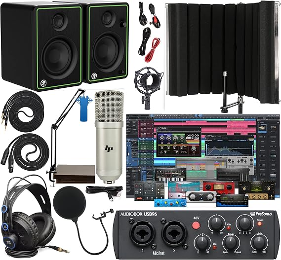 PreSonus AudioBox 96 Audio Interface Full Studio Bundle Includes Software Kit, CR3-X Pair Monitors, and Adjustable Suspension Boom Arm, Insolation Shield + HD7 Headphones