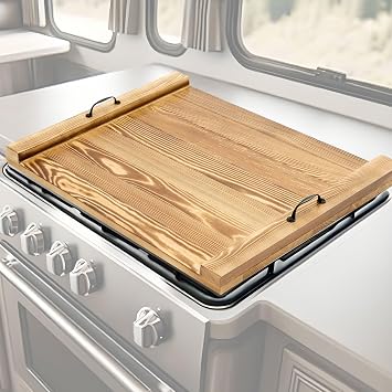 Maxdot Rv Stove Top Cover Board Wood Noodle Board Camper Stove Top Cover Countertop Cutting with 5 Pcs Adjustable Non-Slip Rubber Feet Leg Juice Groove for Trailer Gas Burner Kitchen(Light Brown)