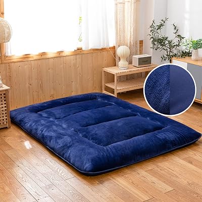 YOSHOOT Reversible Fleece Futon Japanese Floor Mattress - Extra Thick Foldable Soft Cozy Micro Plush Fuzzy Tatami Mat for Sleeping, Two Sides for All Year Round Navy, Queen Size