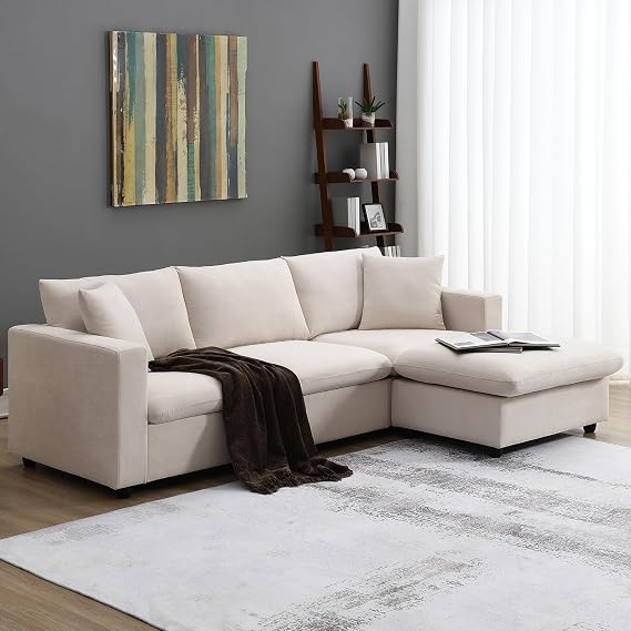 GNIXUU L Shaped Modular Sectional Sofa with Movable Ottoman, 100" Big Comfy Couch with Deep Seat & 2 Pillows, Modern 4 Seat Upholstered Cloud Couches for Living Room Apartment, Beige
