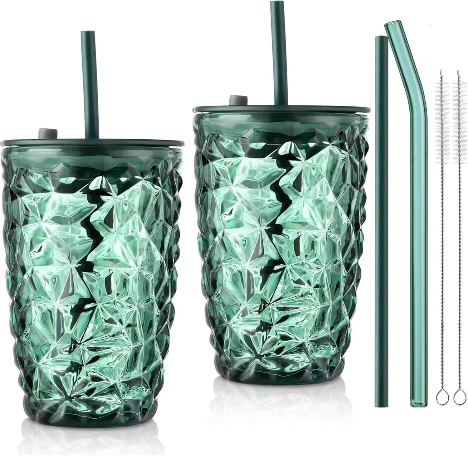 Joeyan 430ml Glass Tumbler with Straw and Lid Set of 2, Green Crystal Ribbed Glass Cup Drinking Glasses for Iced Coffee Smoothie Juice Beverages, Portable Drinking Jar, Dishwasher Safe