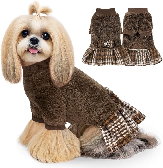 WOYYHO Small Dog Sweater Dress with Plaid Skirt & Bowtie Fleece Dog Clothes | Warm Fleece Outfit for Small Dog Girls Chihuahua Yorkie, Leash Hole, Long Sleeve, Cute Pet Dog Clothes, Brown, M