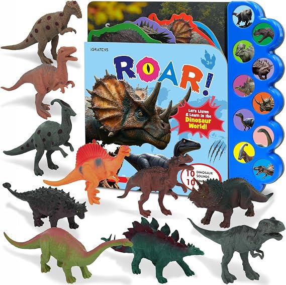 iGRATENS Dinosaur Toys with Sounds Book, Realistic Plastic Animal Figures