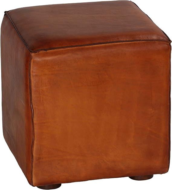 Bare Decor Sands Genuine Leather Cube Ottoman, Saddle Brown