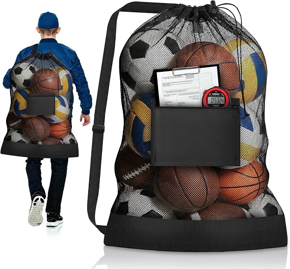 Heavy Duty Soccer Ball Net Bag, Extra Large Sports Ball Bag Mesh(Holds 10-12 balls), 40" x 30" Drawstring Mesh Ball Bag with Pocket for Gym, Beach, Fabrics, Basketball, Volleyball, Swimming Gear