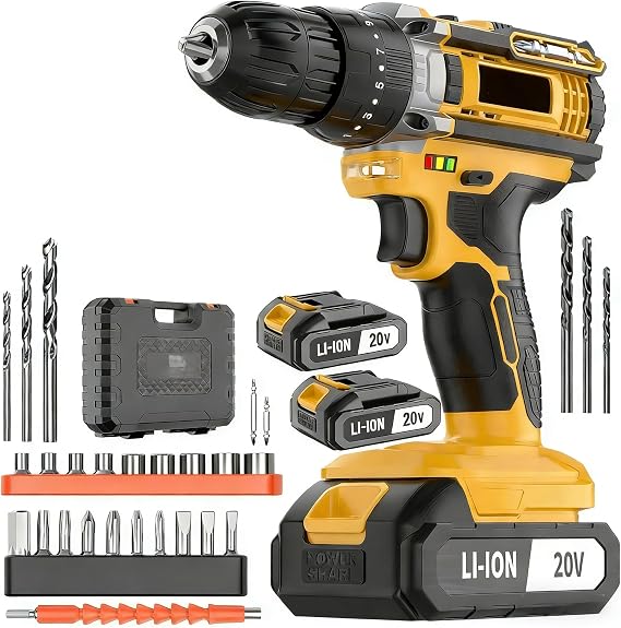 20V Cordless Drill/Driver, Electric Screwdriver - 2 Batteries, 30Nm, 21+1 Torque, 2 Speed, Keyless 3/8" Chase with LED Light (20V Drill (Yellow))