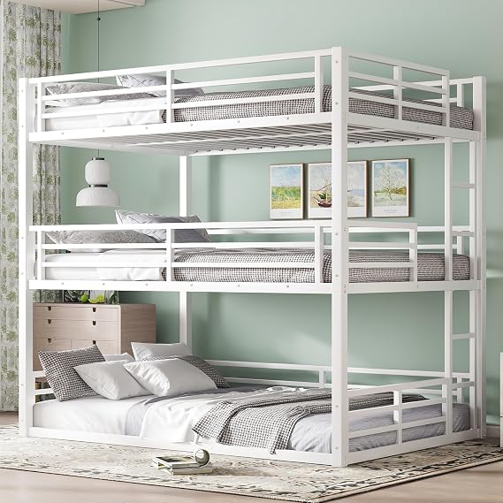 Bellemave Triple Bunk Beds for Kids Full Over Full Over Full, Heavy Duty Metal Triple Bunk Bed with Mountable Ladder & Guardrails, Suitable for All Age, Bedroom, Dormitory, Apartment, White