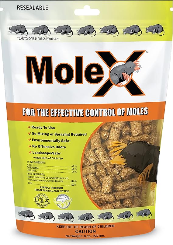 MoleX Mole Control Bait Pellets for Moles Poison Free, Pet Safe | Indoor & Outdoor Use Pellets |8 oz. Bag
