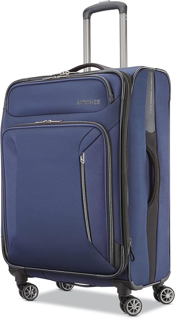 American Tourister Zoom Softside Luggage with Spinner Wheels (Navy, Checked-Medium 25-Inch)