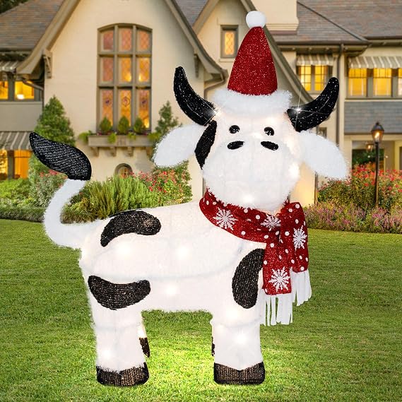 Christmas Lighted Outdoor Decorations:32" Cow,3D Lighted-up Christmas Cow | Indoor Outdoor Display with LED Lights,Pre-lit Holiday Farm/Pasture/Home Yard Lawn Patio Garden Decoration
