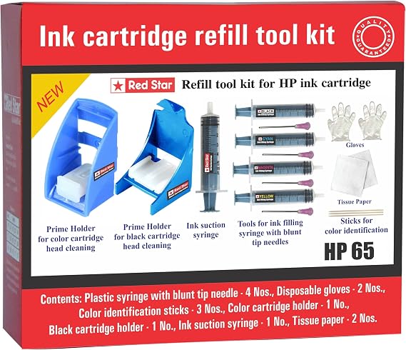 Red Star Ink Cartridge Refill Tool kit for hp 63 62 61 60 64 65 67 & 901 Black and Color Ink Cartridge ( Tools for Ink Filling, Nozzle Cleaning, Ink Suction Priming Holder Clip & Instructions )