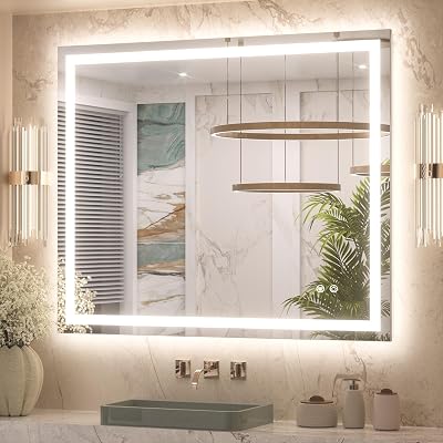 Keonjinn 42 x 36 Inch LED Bathroom Mirror with Lights, Bighter Frontlit & Backlit Vanity Mirror with Stepless Dimmable 3-Color, Anti-Fog Mirror for Wall, HD Tempered Glass, Memory Founction, CR90