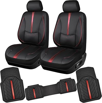 CAR PASS 3D Foam Support Red Leather Car Seat Covers Front Seats,Waterproof Faux Leather Front Seat Cover for Car,Universal Fit Anti-Slip for SUV Truck,Rubber Floor Mats for Cars