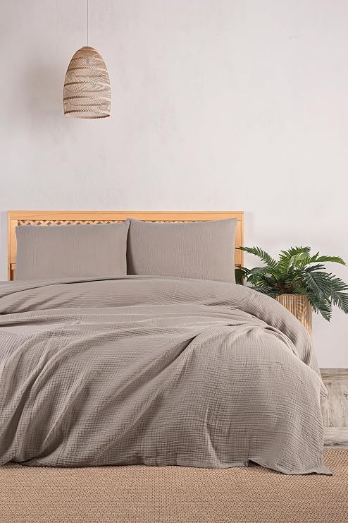 Müslin Yatak Örtüsü Seti, Şık Düz Renk 100% Pamuk 4 Kat Muslin Tek/Çift Kişilik Yastık Kılıflı Pike Takımı, Denizli Üretimi (Gri, Çift Kişilik Set (230x250 cm))
