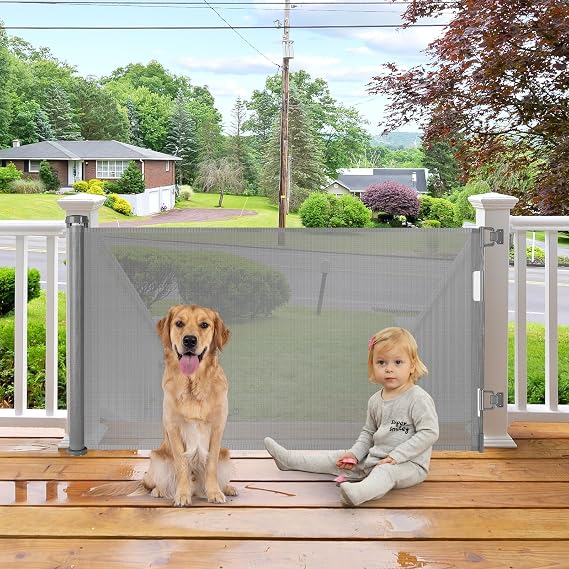 55 Inch Retractable Dog Gate Outdoor Scratch-Resistant Mesh Baby Gate for Stairs Retractable Baby Gates for Doorways Anti-Climb Outdoor Dog Gates for Decks Keep Kid/Pet away from Dangerous Place, Gray