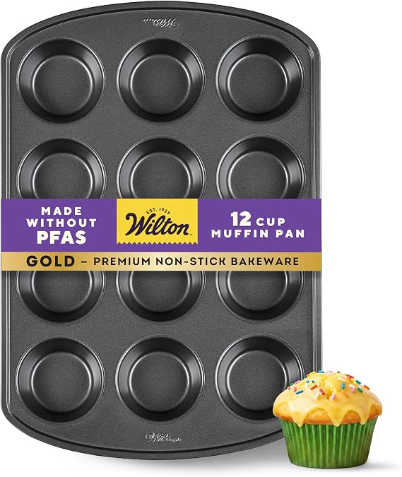 Wilton Gold Non-Stick Muffin Pan, Made Without PFAS, 12-Cup | Non-Stick Steel with Scratch-Resistant Coating, Resists Warping, Extended Handles, Dishwasher Safe, Perfect for Cupcakes