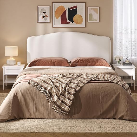 Pinmoco Curved Headboard Panel Boucle Fabric Fluted Texture Mid Century Modern Cream Ivory Queen Size Soft Touch