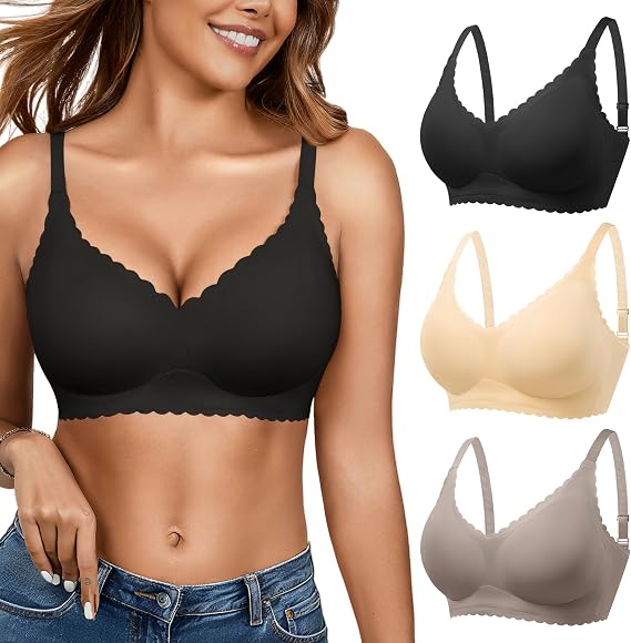 Seamless Jelly Bras for Women 3 Pack - Deep V Wireless Push Up No Wire Womens Bra Padded Comfort with Support for Gifts