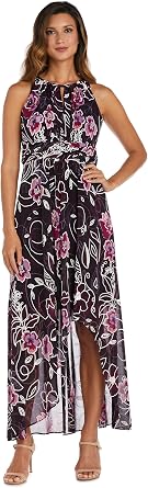 Floral Halter Neck Hi-Lo Dress W/Puff Prints & Power Mesh Accents