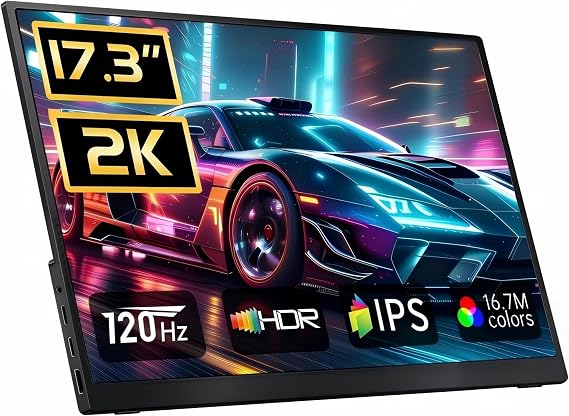 Portable Monitor 2K 17.3 Inch 120Hz-144Hz, QHD Gaming Monitor with Kickstand, 2560x1440P 100% DCI-P3, Ultra Slim Travel, USB-C HDMI HDR External Screen for Laptop PC Mac Xbox Switch PS5/4