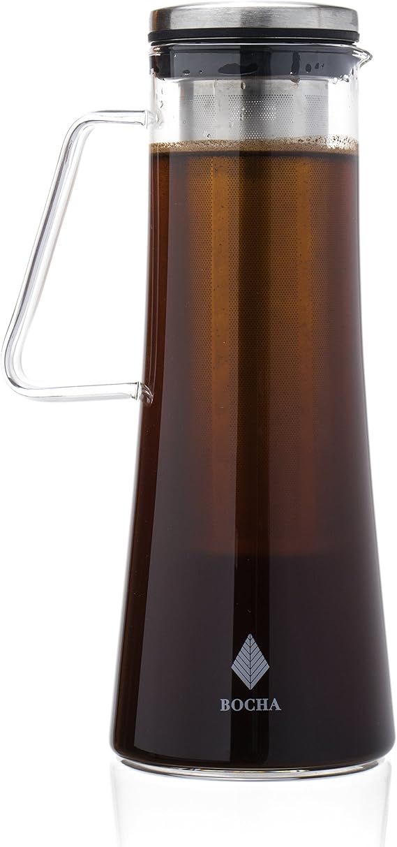 Cold Brew Iced Coffee Maker and Teapot Infuser - 1L Glass Pitcher Carafe with Removable Stainless Steel Infuser, Airtight Lid and FREE Cleaning Brush