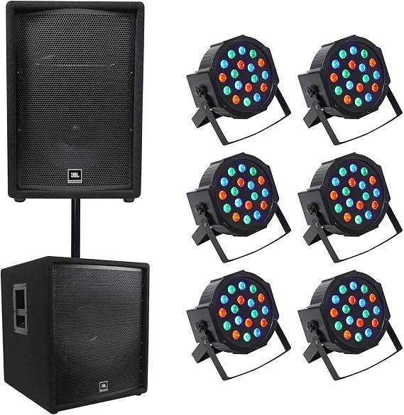 Audiosavings Bundle: (1) JBL JRX212 1,000 Watt 12" PA Speaker Floor Wedge Monitor Bundle with (1) JBL Pro JRX218S 18" Passive Subwoofer,(6) DMX Wash Light+Dual Bracket,(1) Mounting Pole (9 Items)