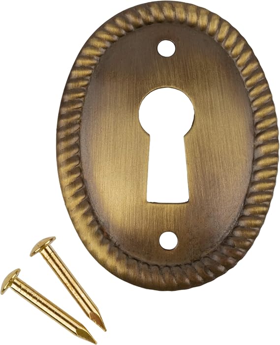 Oval Stamped Antique Brass Decorative Keyhole Cover | 1-1/2" H x 1-1/8" W | Keyhole Escutcheon Plate for Cabinet Door, Dresser Drawers, Desk | Antique, Modern Furniture Hardware | UA-259-AB