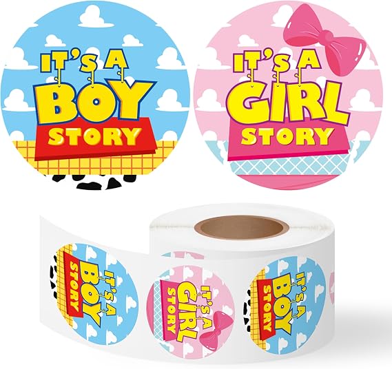500Pcs Cartoon Boy or Girl Story Gender Reveal Stickers Cute Blue Pink Pattern Party Supplies Choose Team Boy Team Girl 2 inch Roll Stickers for Voting Game Ideas Baby Shower Gender Reveal Party