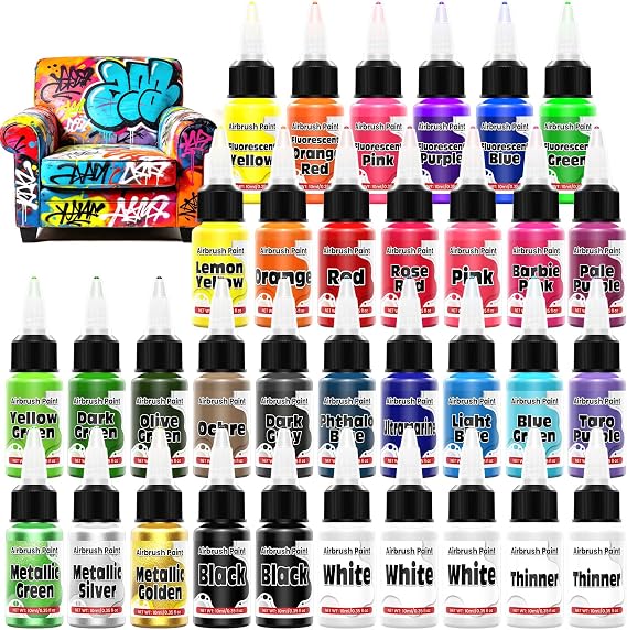 Airbrush Paint - 33 Colors Acrylic Air Brush Painting, Ready to Spray Airbrush Model Paint Kit, Water Based Airbrush Painting with 2 Thinners 6 Primer for Wood, Model Car, Craft, Metal, Plastic
