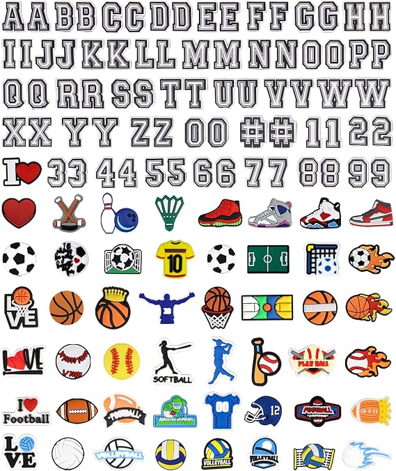 CUNUEN 123 Pcs Letter Number Sport Charms for Clogs Shoe Decoration
